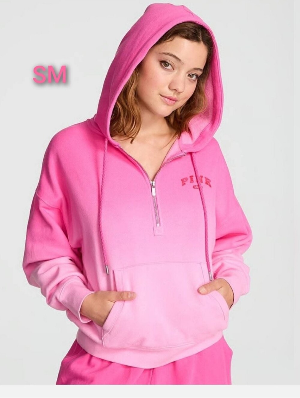 SZ SMALL VS PINK,PINK LOLLIPOP DIP DYE HALF ZIP HOODIE.
